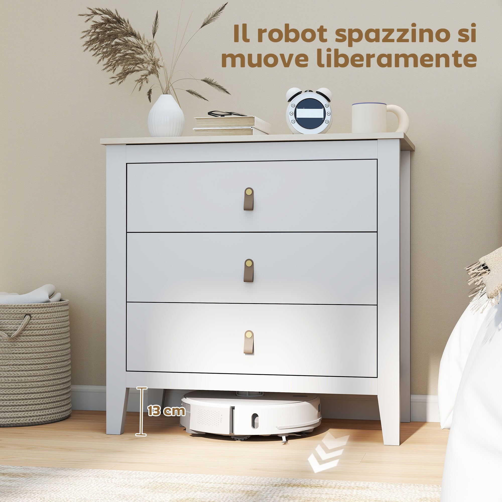 3-Drawer Bedroom Chest with Faux Leather Handles, 80x40x78.5 cm, White