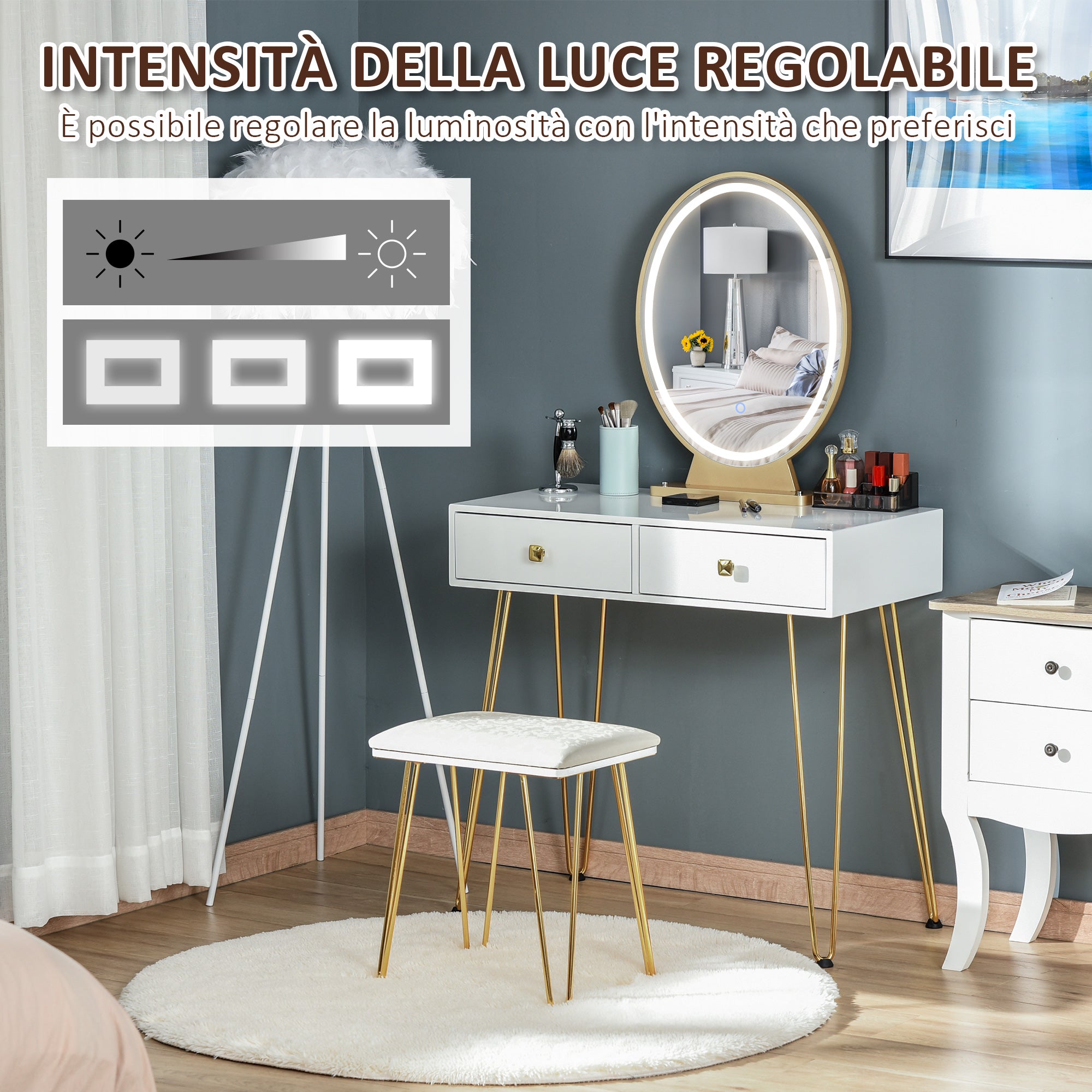 Industrial-Style LED-Lighted Dressing Table with Mirror, Makeup Table with Stool, Touch Switch Vanity, White