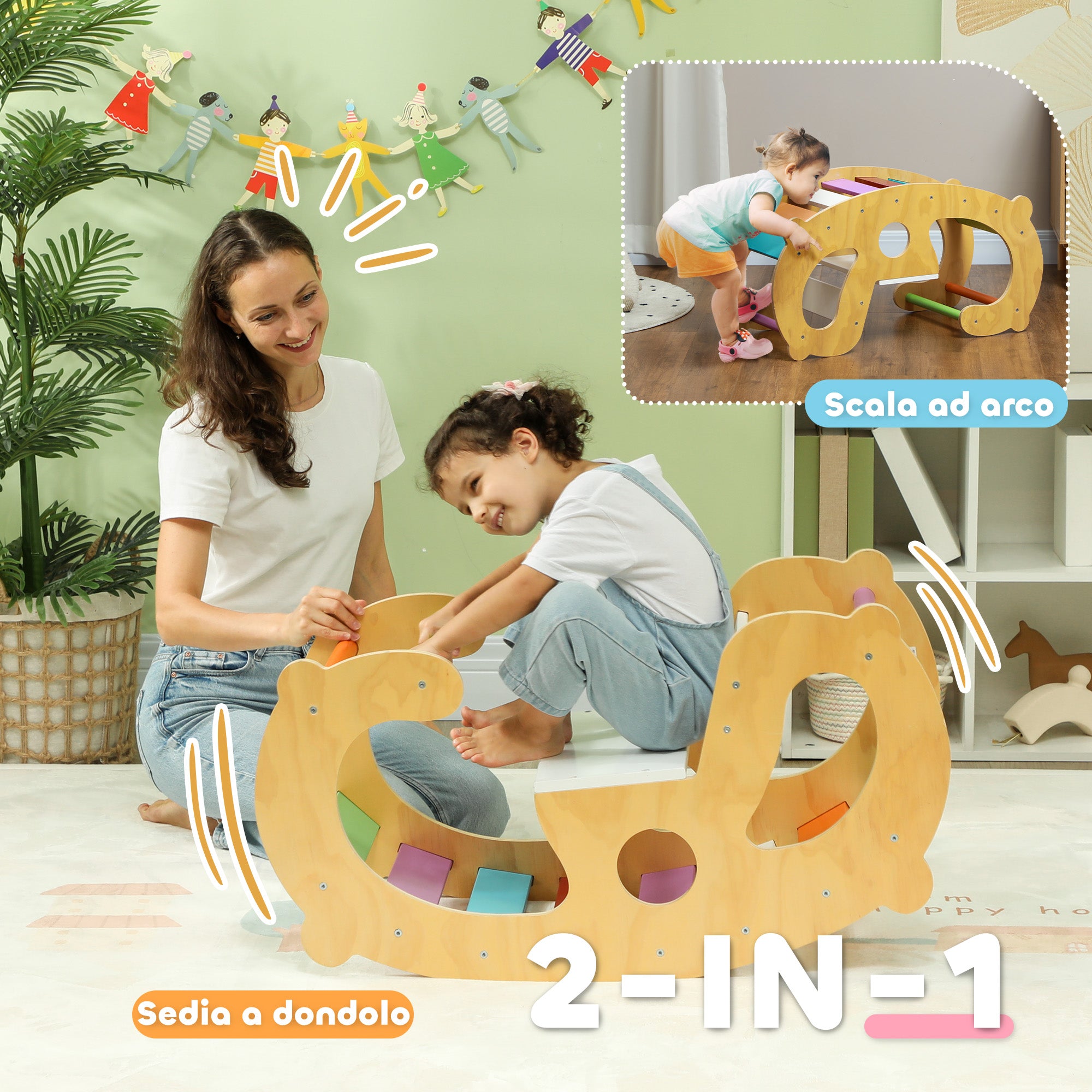 Children's Game 2 in 1 Montessori Arch and Rocking Chair for Indoor Use, in Pine Wood, 91x41x48 cm