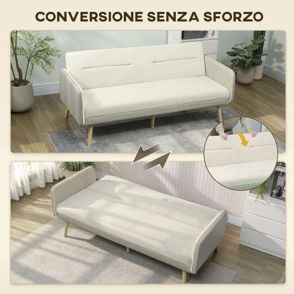 3-Seater Sofa Bed with Reclining Backrest and Velvet Upholstery, 185x84x83 cm, Beige