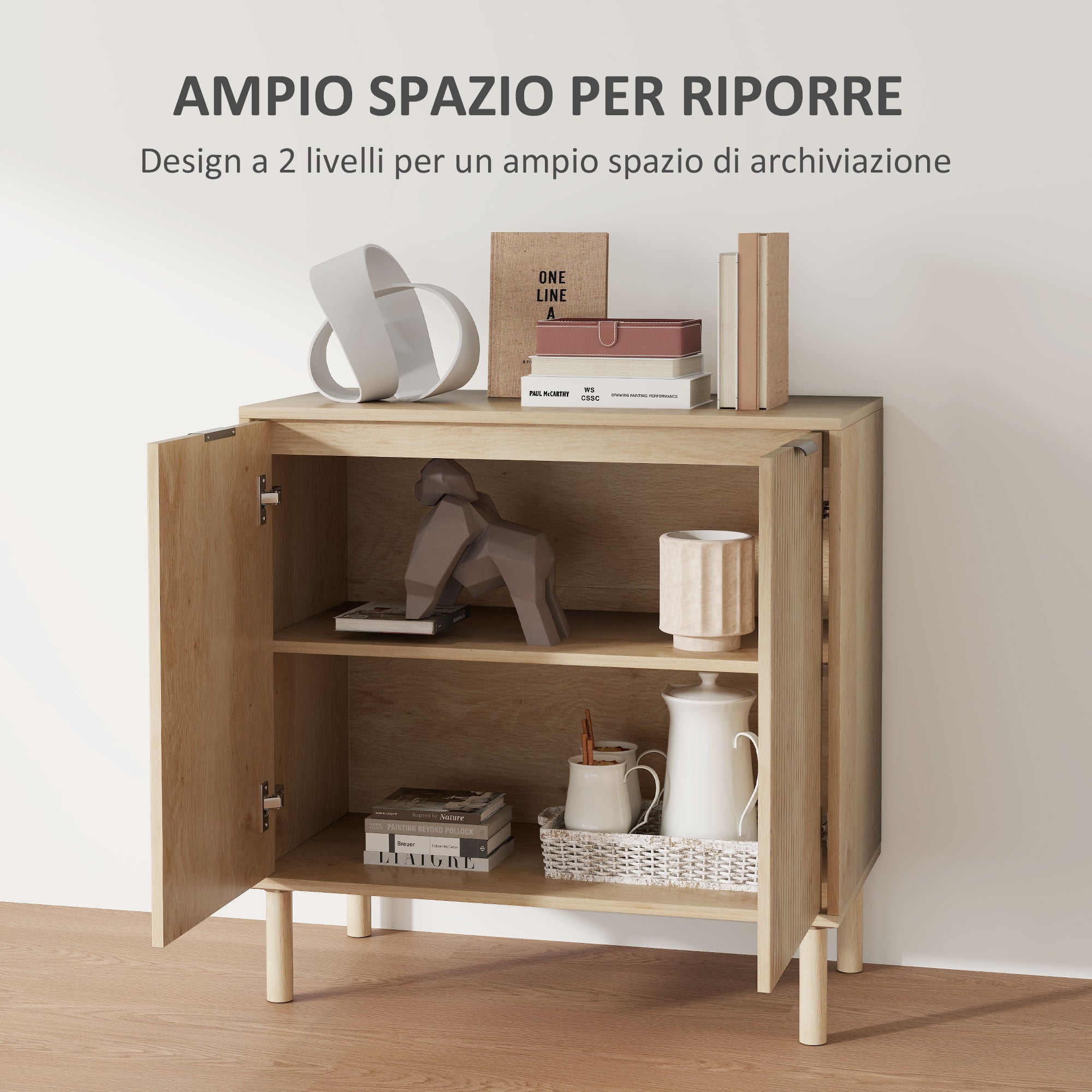 2-Tier Wooden Storage Cabinet with 3-Tier Adjustable Shelf, 78x40x77.5 cm, Oak Color