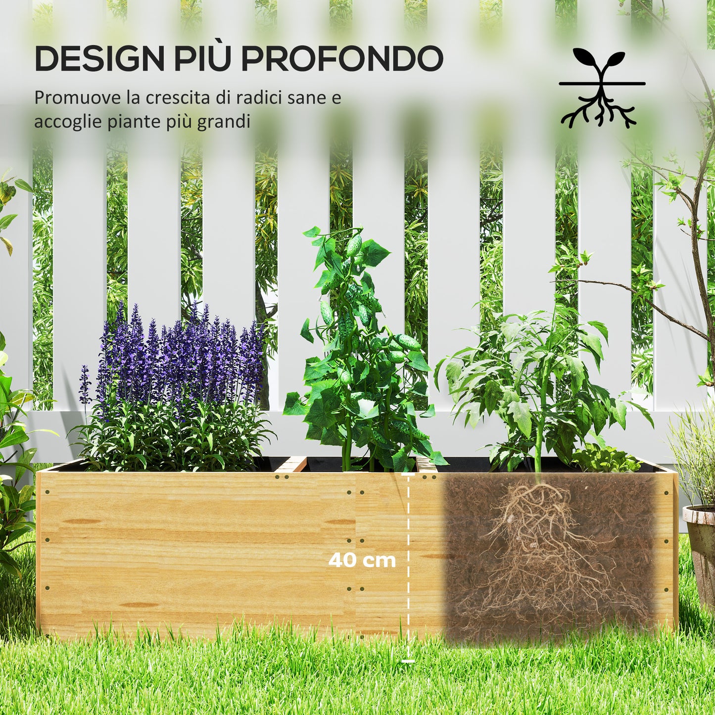 Outdoor Planter in Fir Wood Divided into 3 Areas with Non-Woven Fabric Layer, 140x60x40 cm