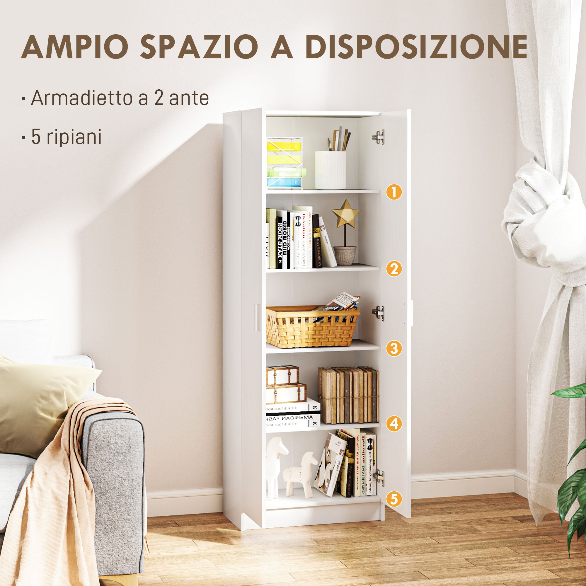 Modern Multipurpose Cabinet with 5 Shelves and Adjustable Levels, in Wood, 60x31.5x165 cm, White