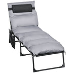 Folding Sun Lounger with Cushion, Headrest and Side Pocket, 58x189x32.5 cm, Light Gray