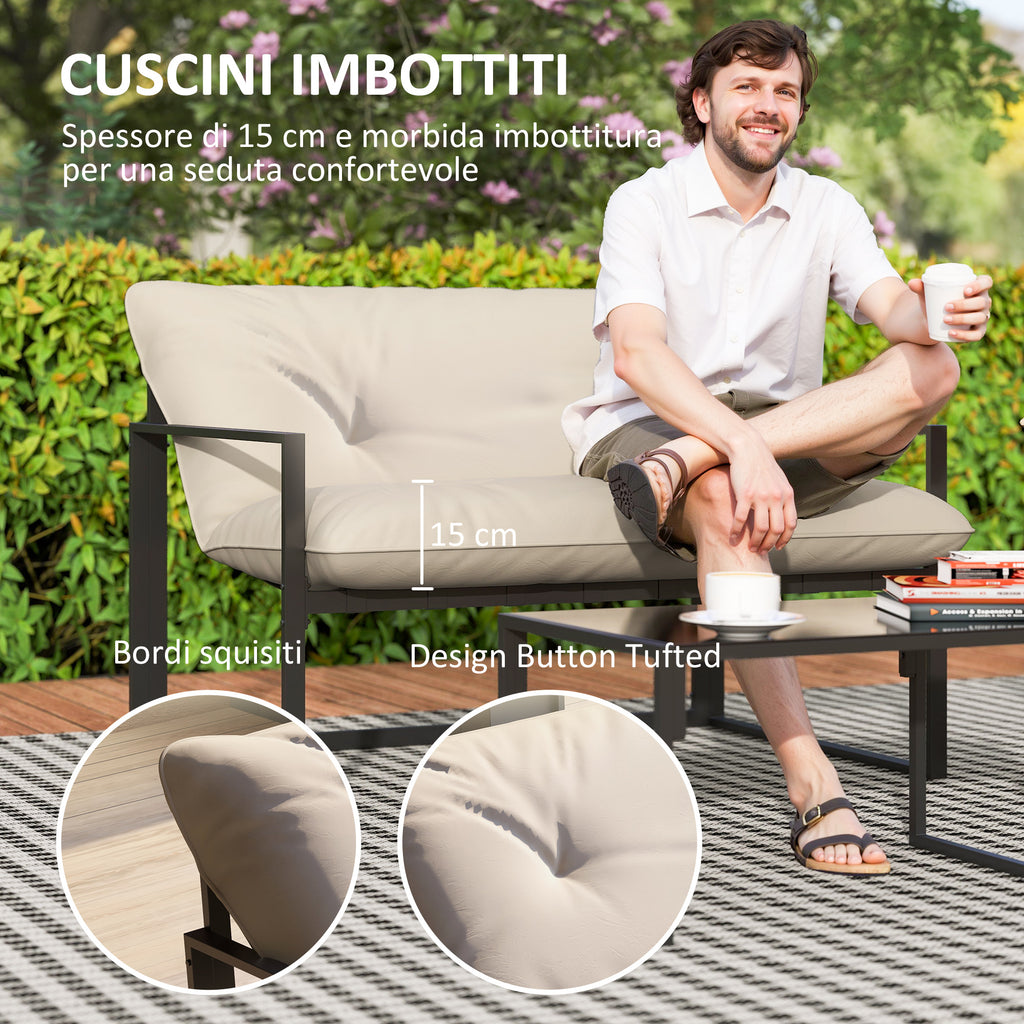 4-Piece Garden Set with Sofa, 2 Armchairs and Coffee Table, in Steel, Polyester and PP Cotton, Beige and Grey