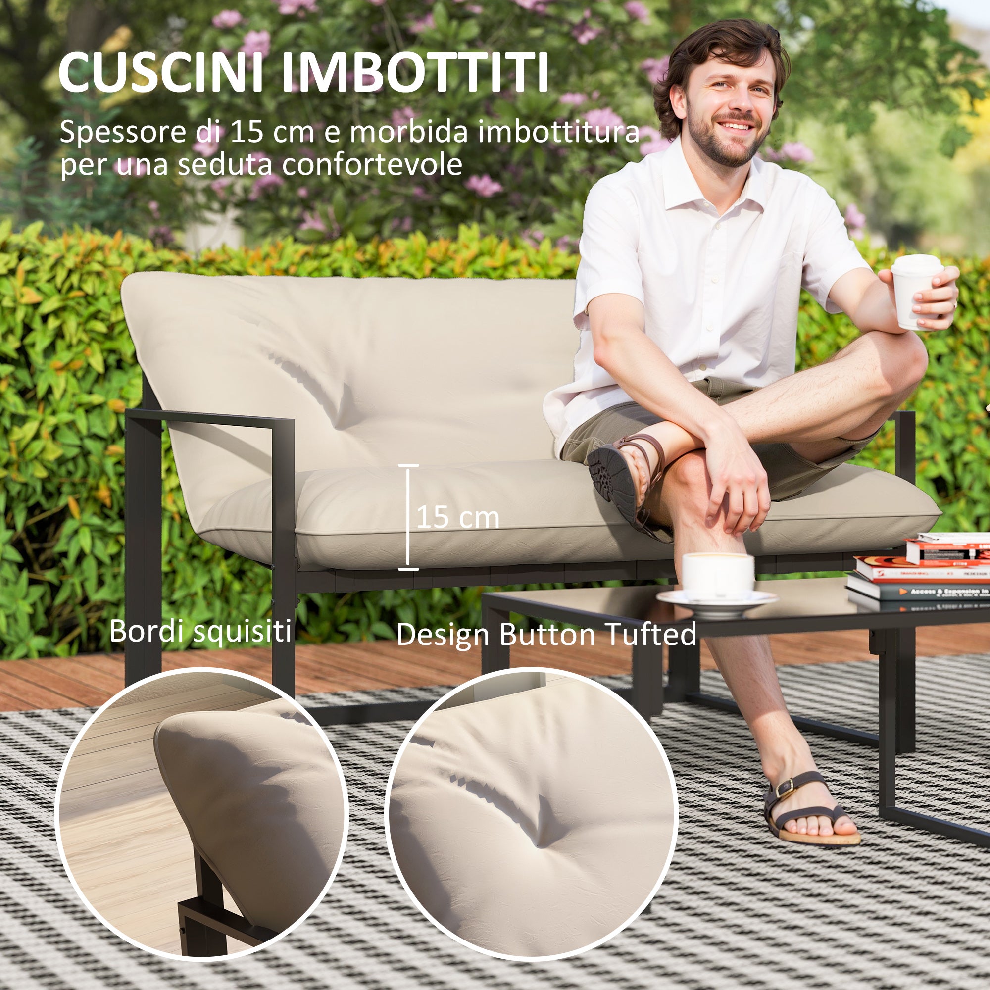 4-Piece Garden Set with Sofa, 2 Armchairs and Coffee Table, in Steel, Polyester and PP Cotton, Beige and Grey