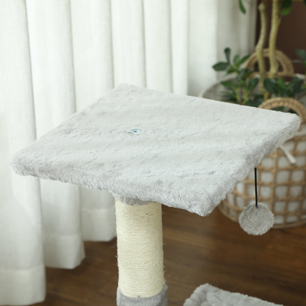 PawHut Multi-Level Cat Scratching Tree with Hammock and Hanging Ball, Wood and Plush, 50x36x70cm, Light Grey