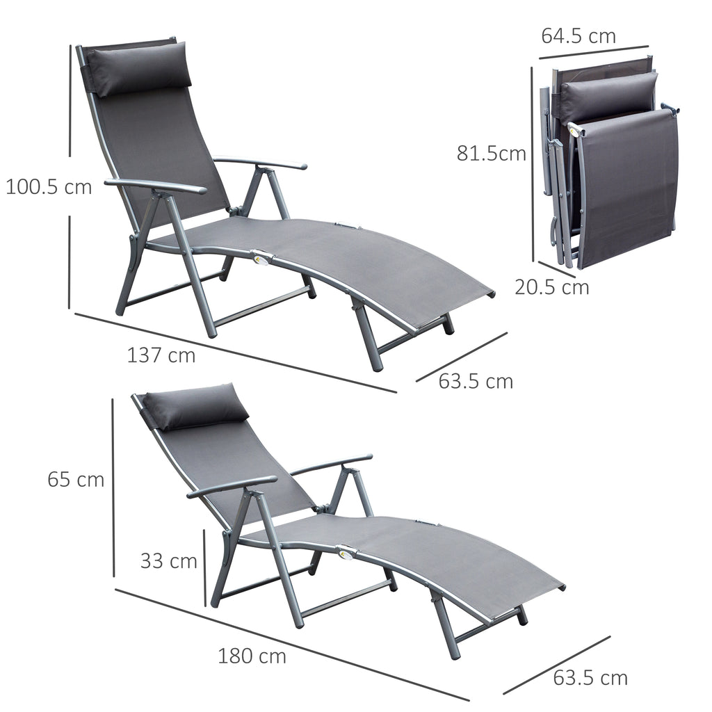 Outsunny Folding Garden Lounger with Cushion, 7-Reclining Backrest, 137x63.5x100.5cm, Grey