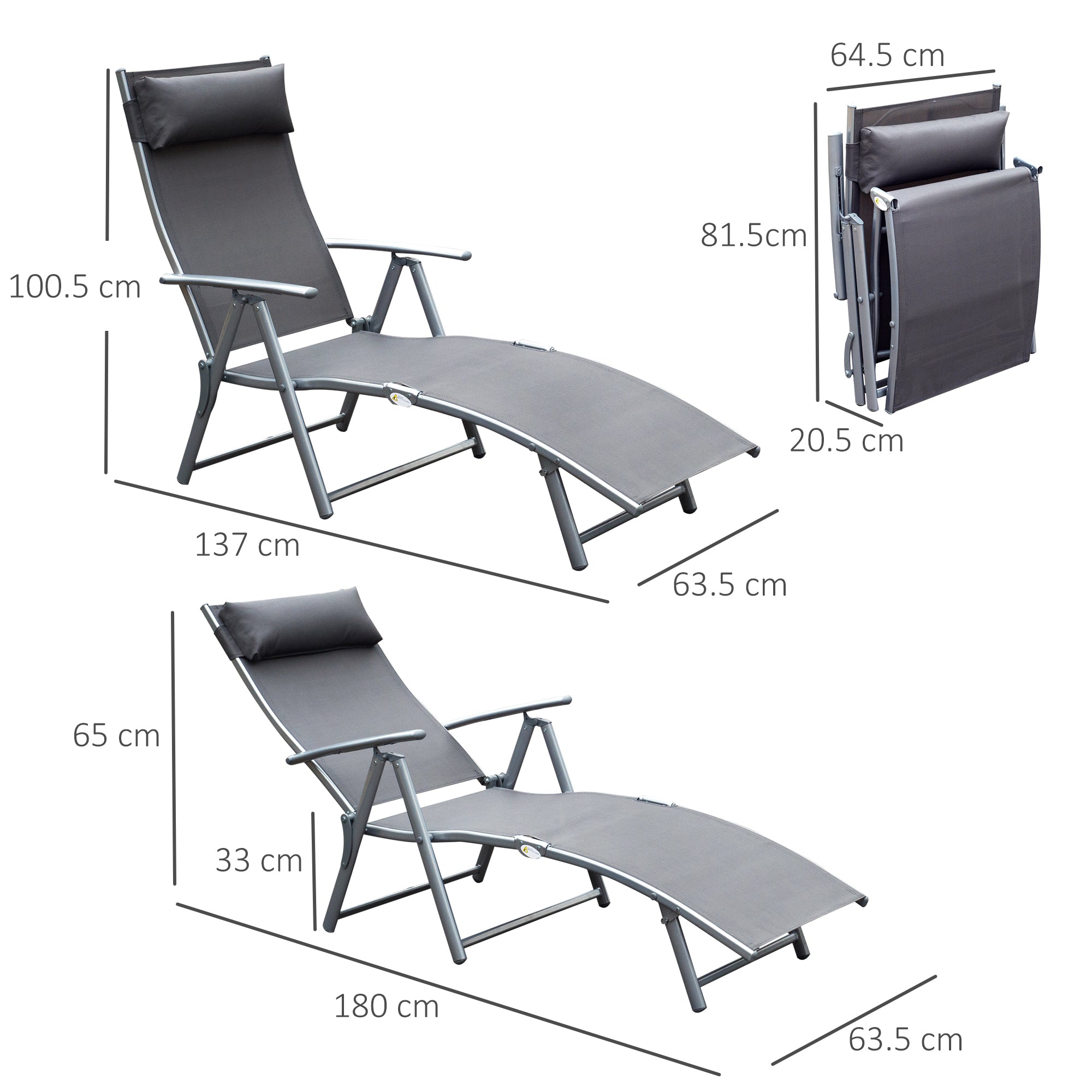 Outsunny Folding Garden Lounger with Cushion, 7-Reclining Backrest, 137x63.5x100.5cm, Grey