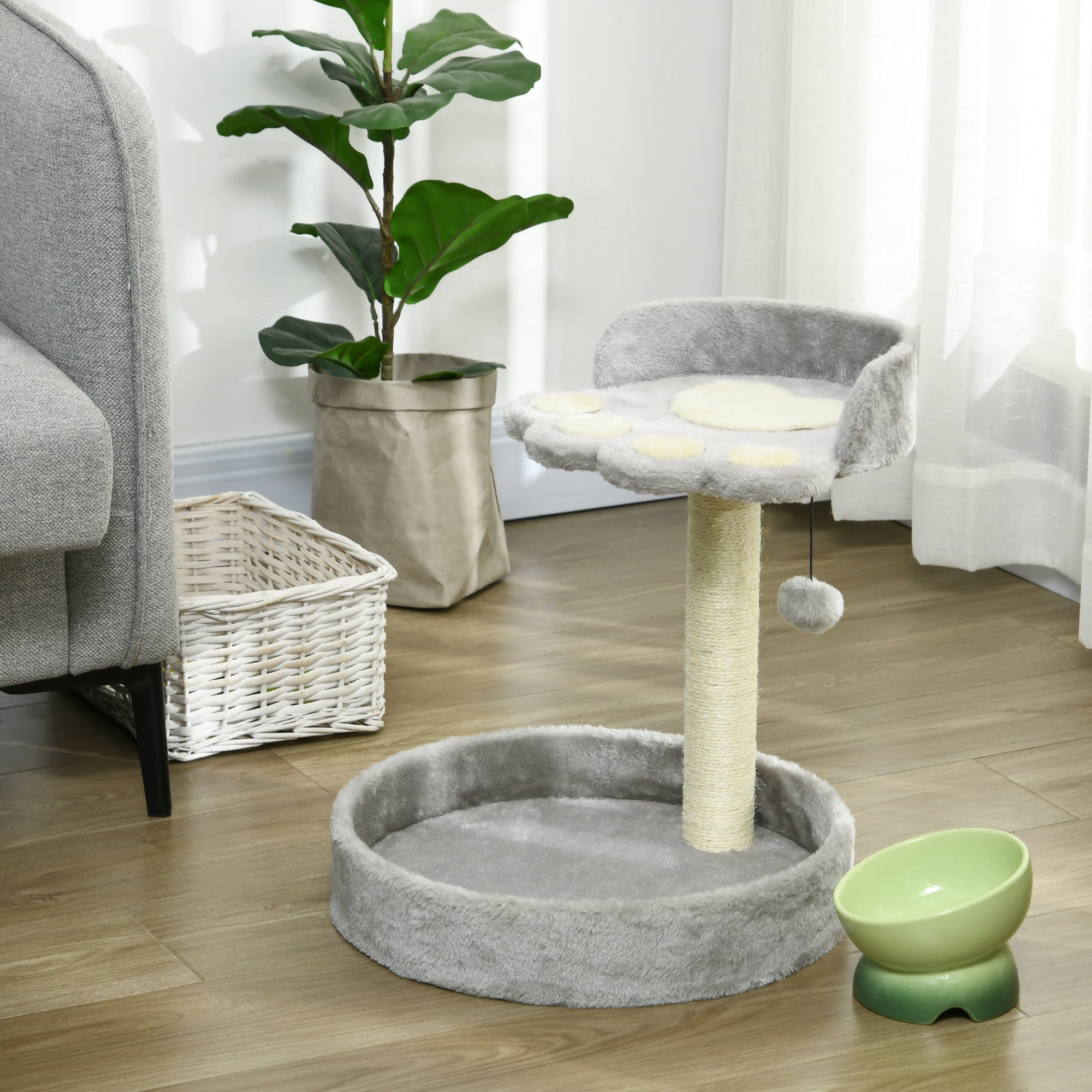 Cat Scratching Post with Bed, Jute Rope and Plush, 41x41x44 cm, Light Grey