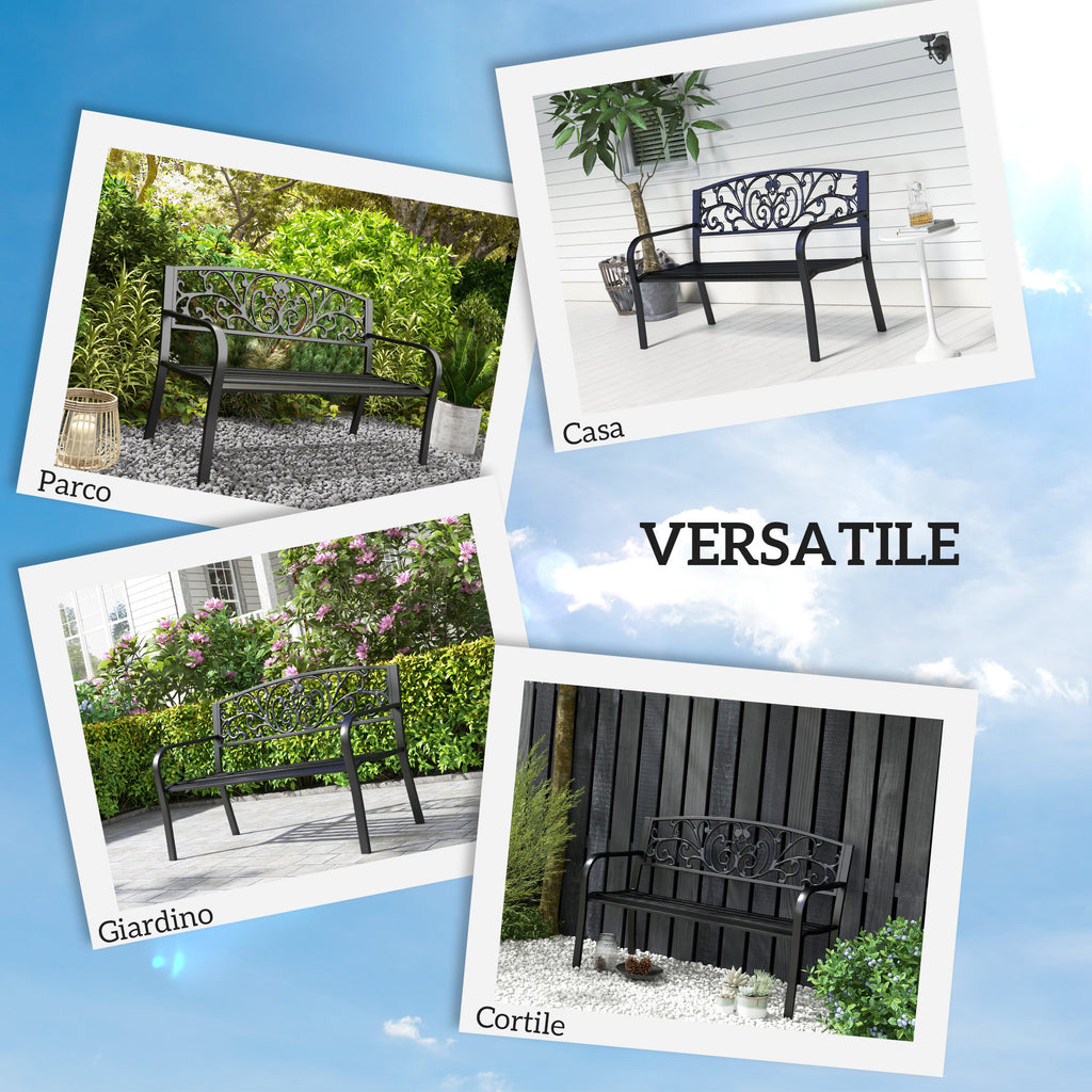Metal Garden Bench with Decorated Backrest, 127x60x87cm - Black