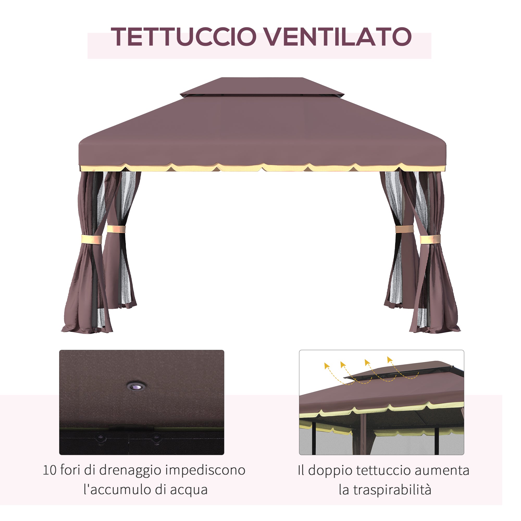 3x4m Garden Gazebo with Double Roof, Mosquito Net and Curtains, Aluminum and Polyester, Coffee Color