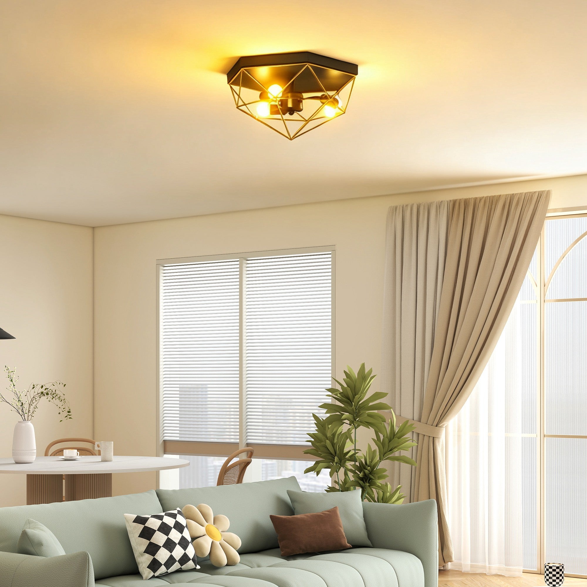 Industrial Style Geometric Ceiling Lamp with 3 E27 Sockets for LED Bulbs, Black and Gold