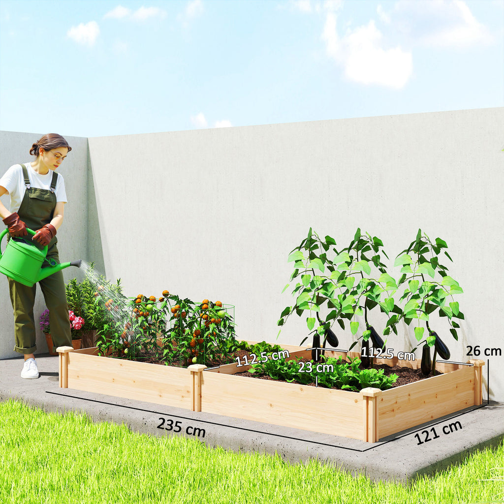 Outsunny Vegetable Garden in Box with Central Divider and Open Bottom, in Fir Wood, 235x121x26 cm, Wood Color