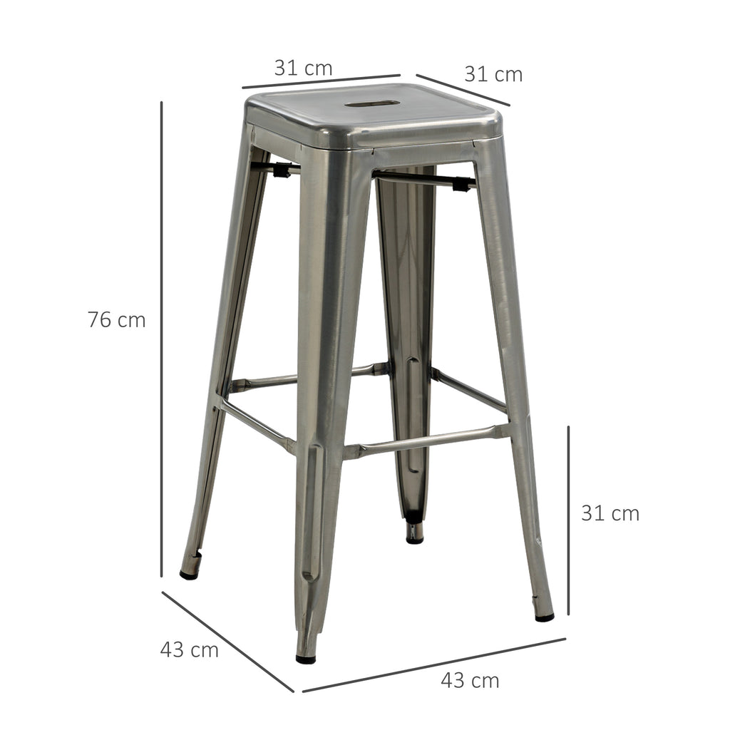 HOMCOM Set of 4 Stackable Bar Stools with Footrest, Industrial Style, Steel, for Dining Room, Silver