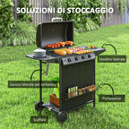 Gas Barbecue with 4+1 Independent Burners and Lid with Thermometer, 121x54x97 cm, Black