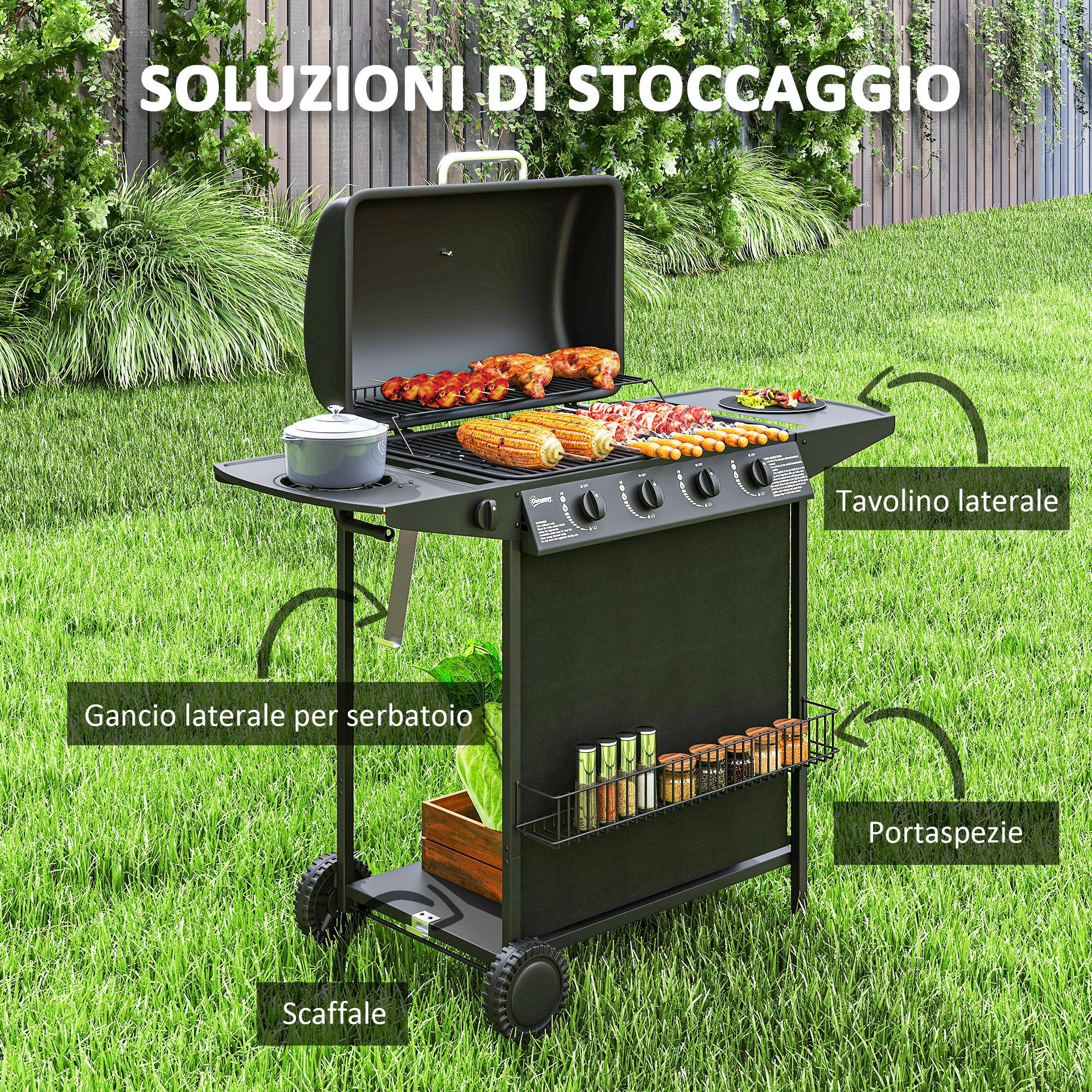 Gas Barbecue with 4+1 Independent Burners and Lid with Thermometer, 121x54x97 cm, Black