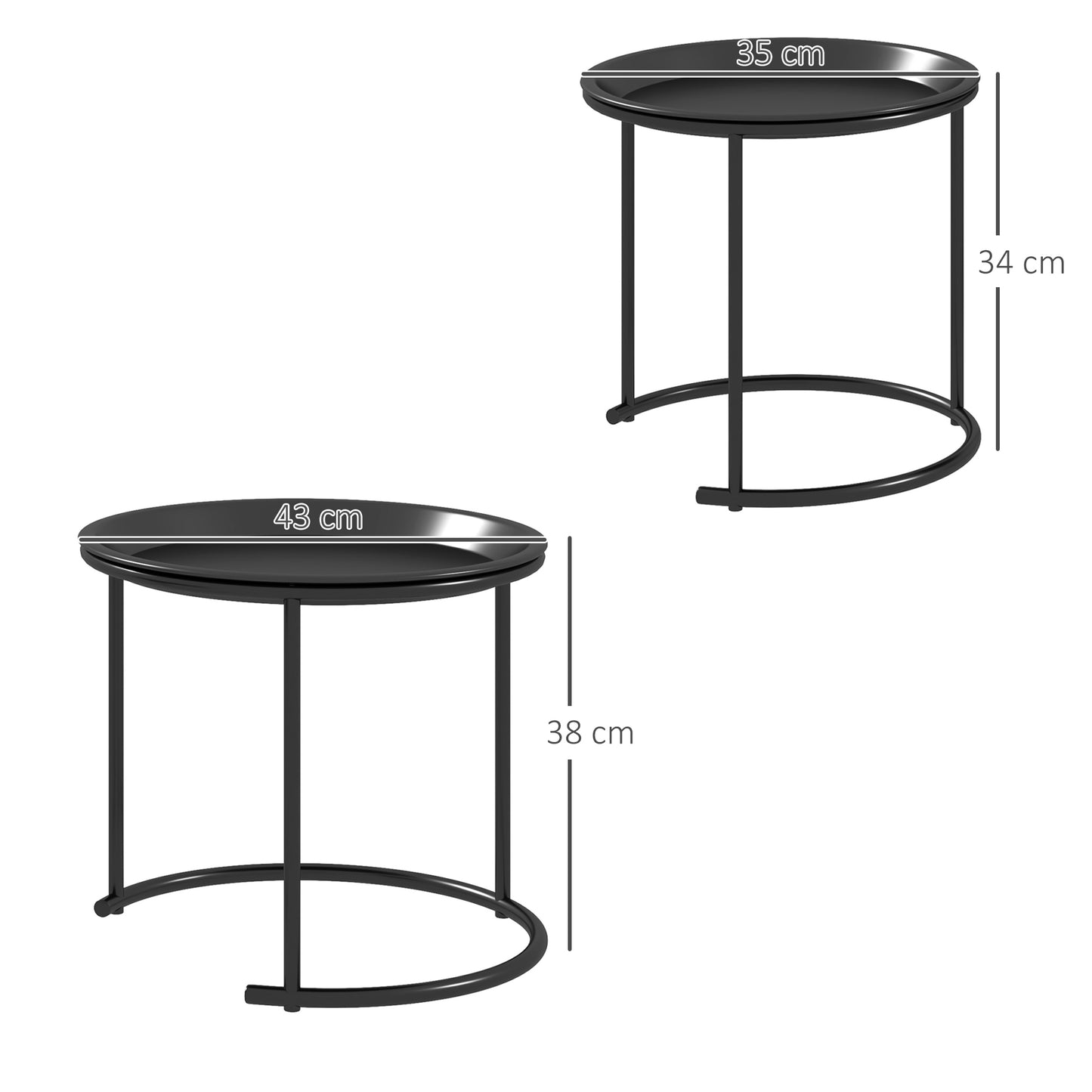 Set of 2 Round Nesting Coffee Tables with Removable Steel Tray, Black