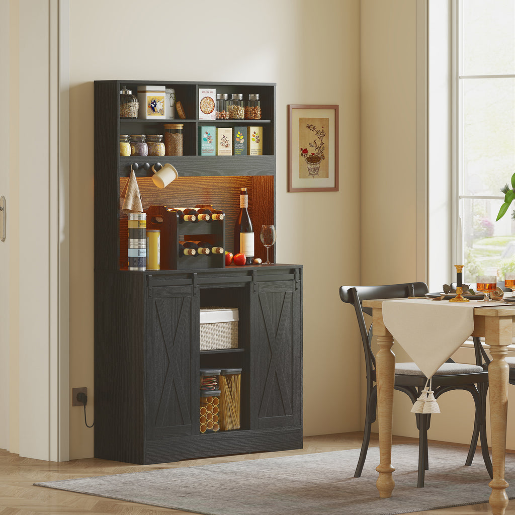 Rustic Tall Kitchen Sideboard with 2 Cabinets, Bottle Rack, Charging Sockets and LED Lights, Black