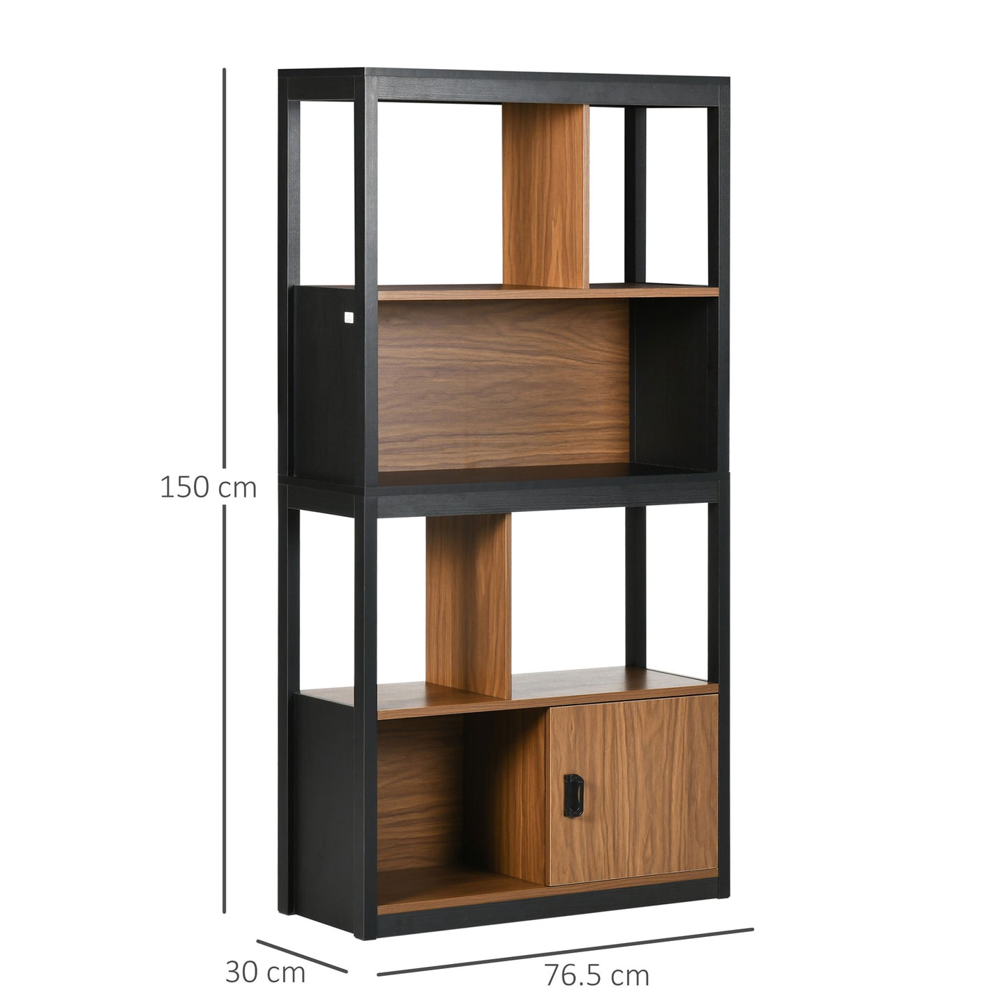 Bookcase Cabinet 4 Open Levels with Cabinet, in Chipboard and MDF, 76.5x30x150 cm, Brown and Black