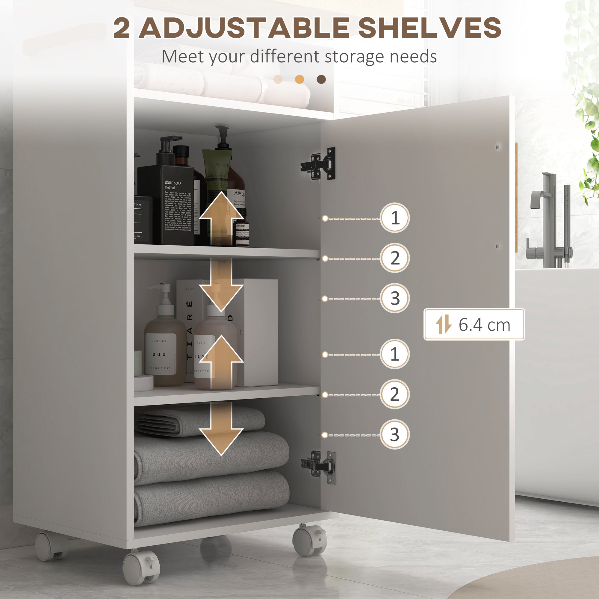 kleankin bathroom cabinet with removable tray, open shelf and closed locker, in chipboard, 40x30x88 cm, white - Borgè