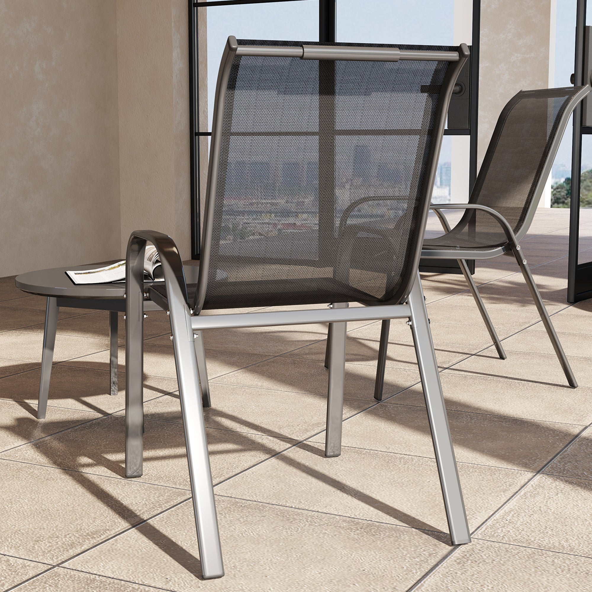 Outsunny Set of 2 Stackable Garden Chairs with Curved Armrests, Steel and Breathable Fabric, 54x71x93 cm, Black