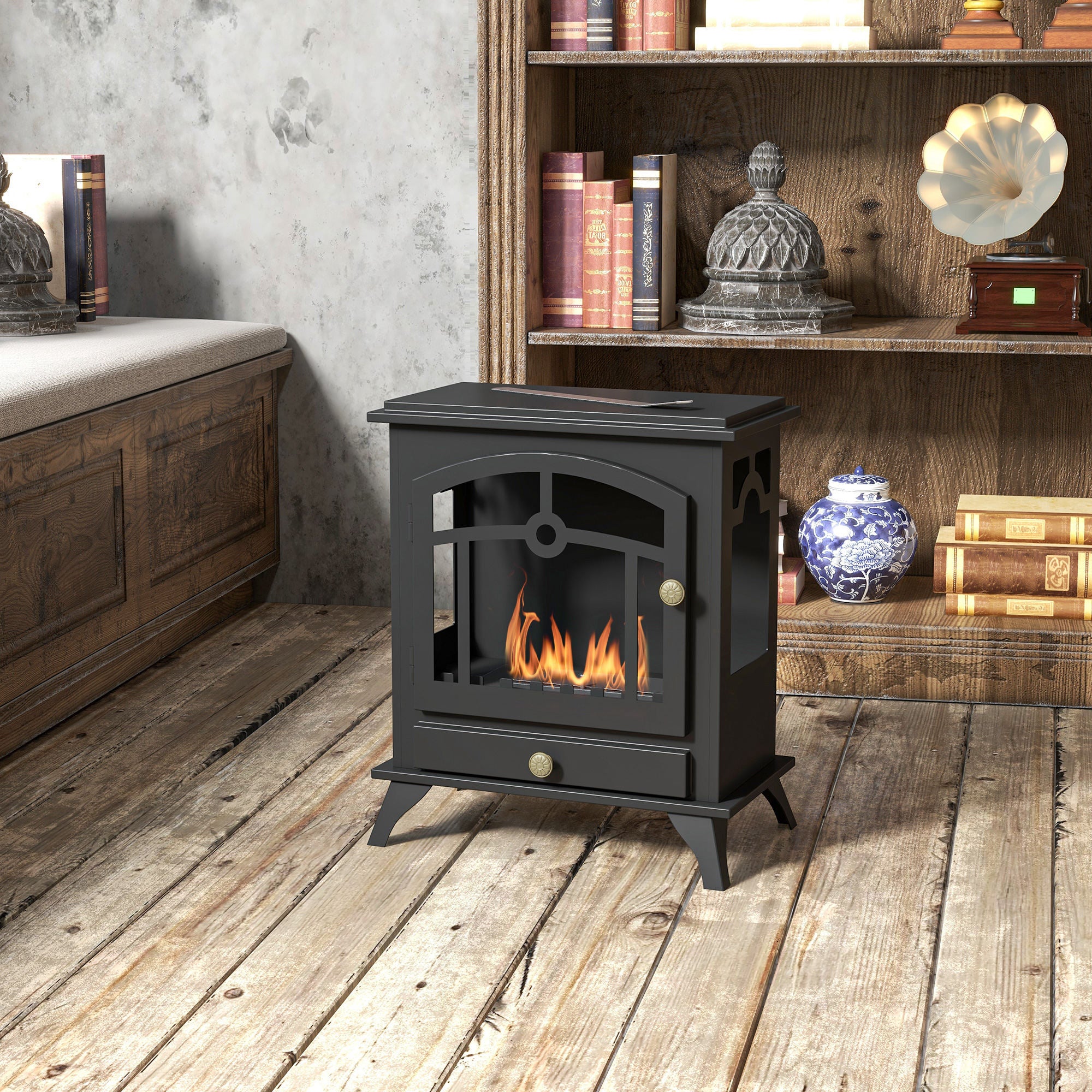 Classic Style Bio Ethanol Fireplace in Steel, 1.2L Burner for 3 Hours of Duration, 45x28x54cm, Black