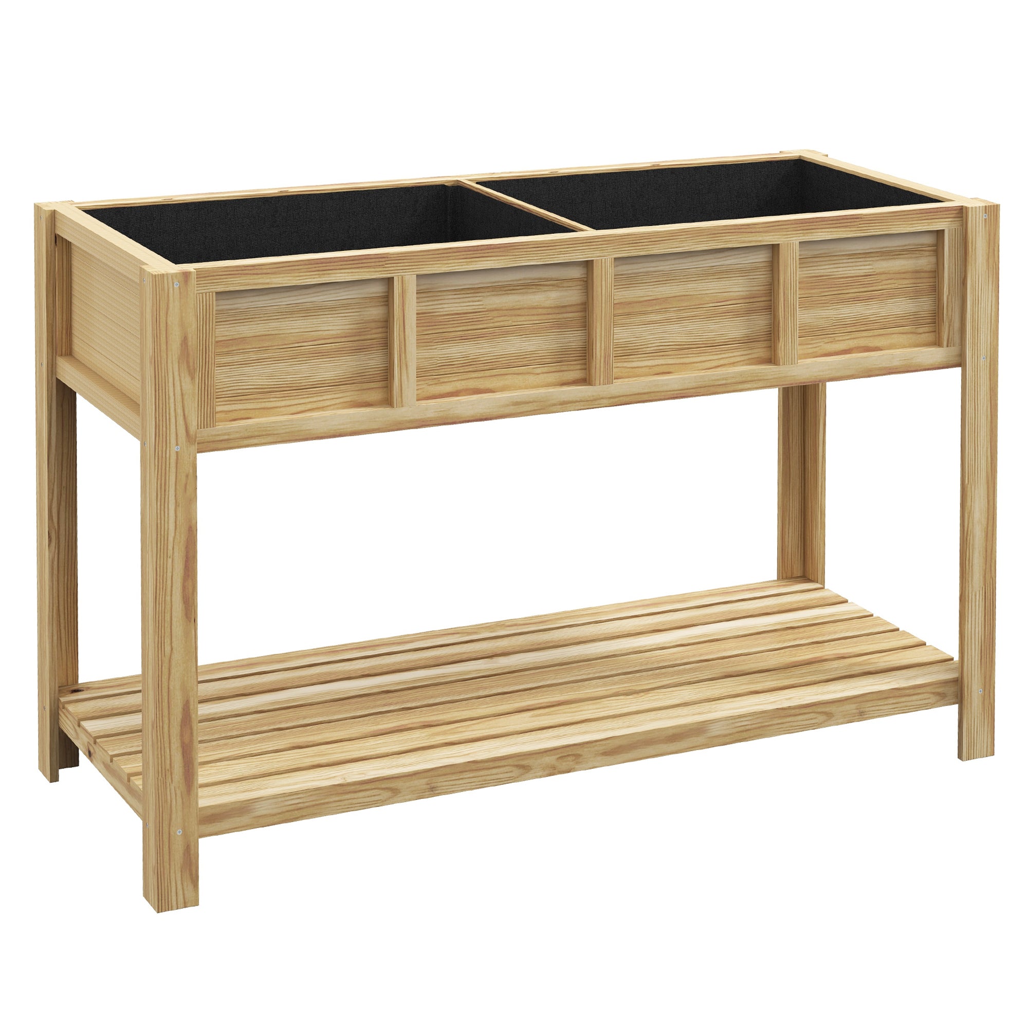 Outsunny Raised Wooden Planter with Bottom Shelf, Divider, Drainage Holes, 115x46x75 cm, Wood Color