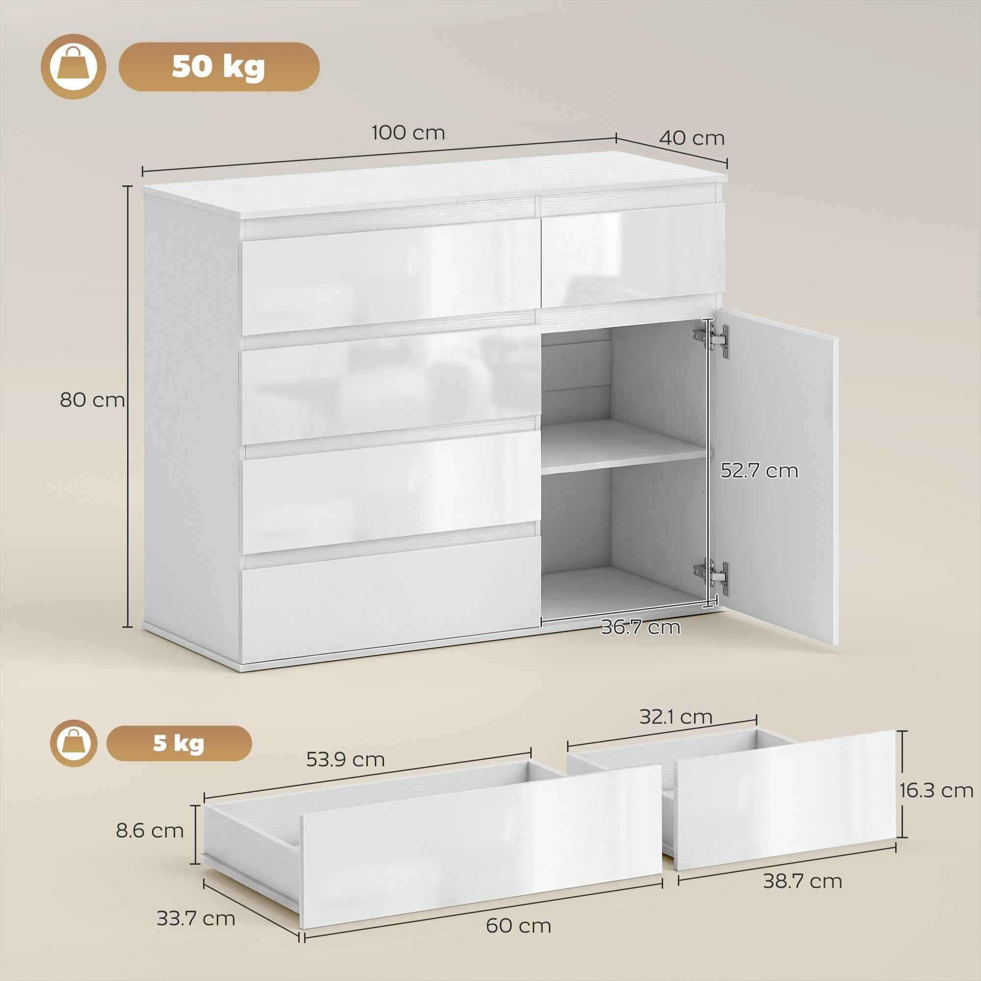 Sideboard, Cabinet with 5 Drawers, Adjustable Shelf, Gloss White.