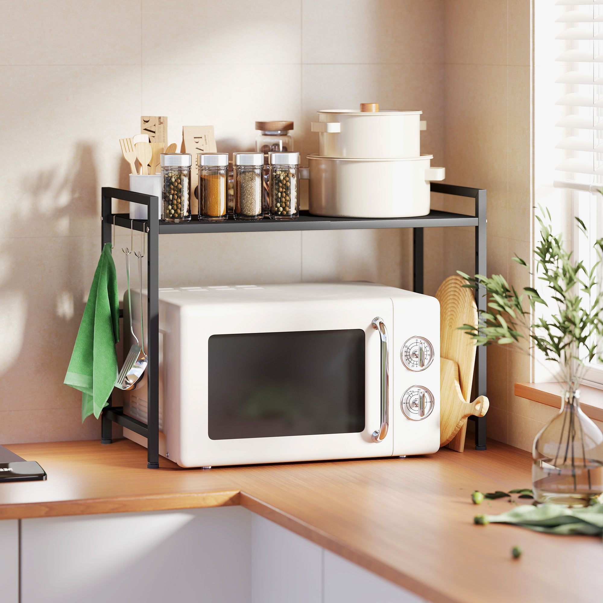 2-Tier Expandable Microwave Stand with 3 Hooks, Metal, 39.5-64x32x47.5 cm, Black