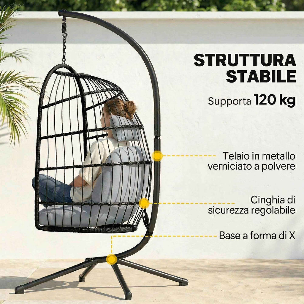 Outsunny Hanging Egg Chair with Stand and Safety Strap, 105x101x196 cm, Black and Light Grey