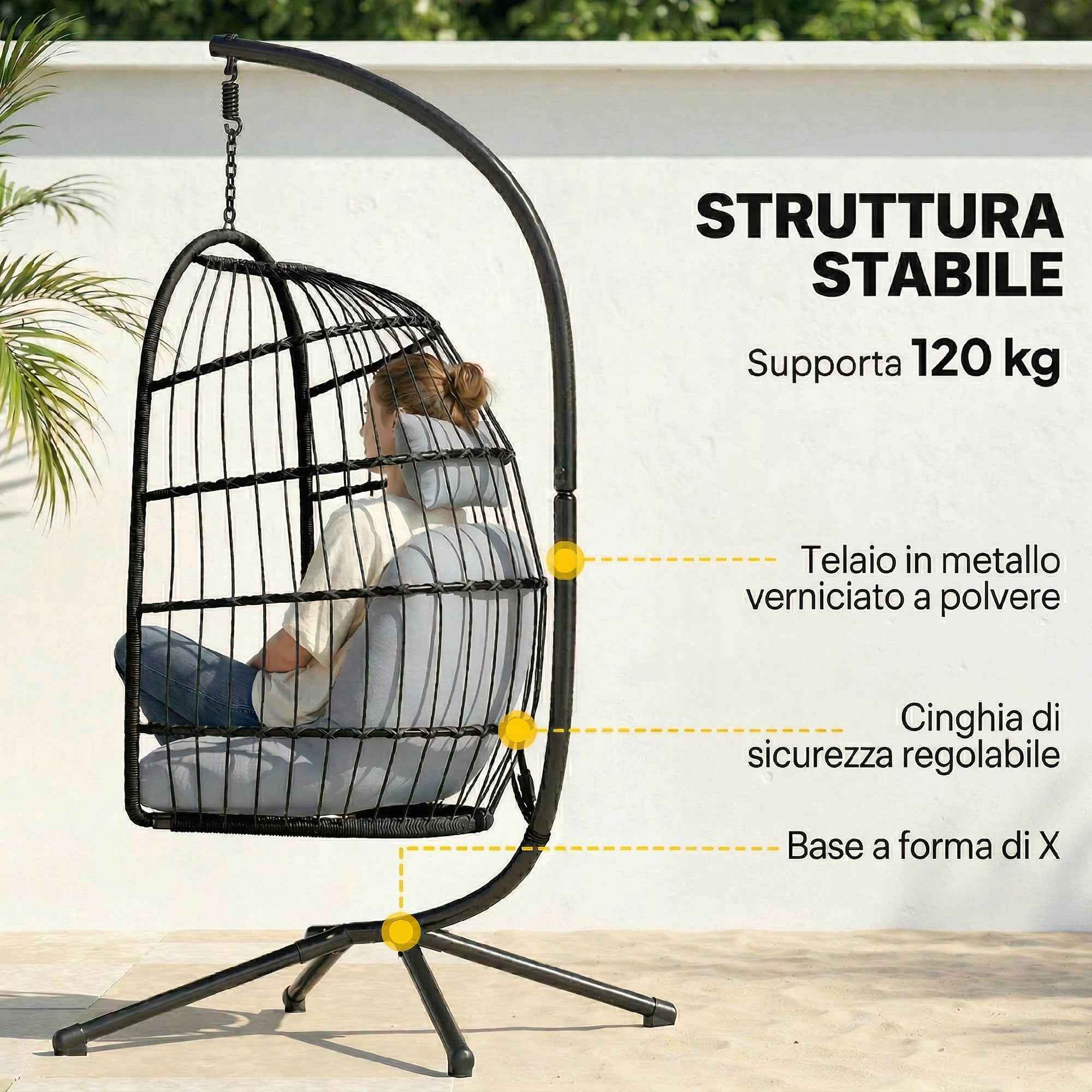 Outsunny Hanging Egg Chair with Stand and Safety Strap, 105x101x196 cm, Black and Light Grey