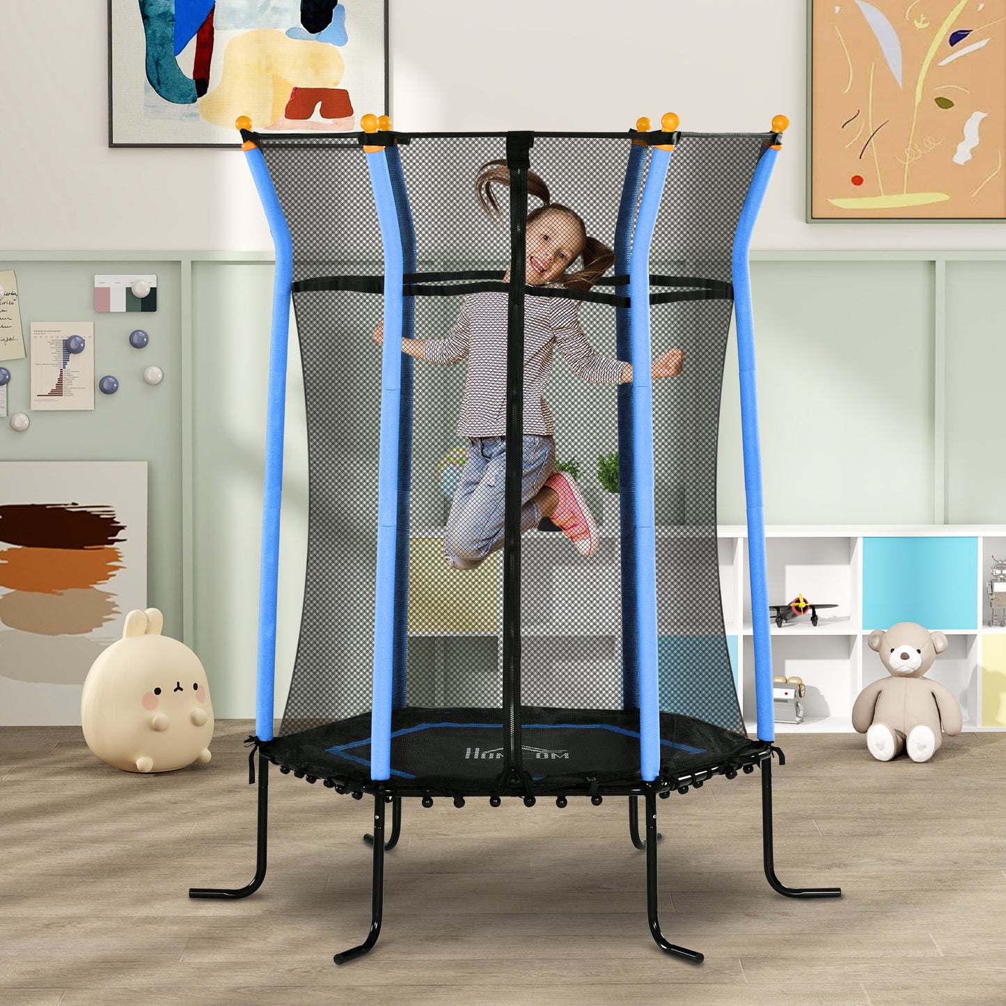 Children's Trampoline with Hinged Entry and Padded Poles, in Steel, PP and EPE, Ø163.5x190 cm, Light Blue