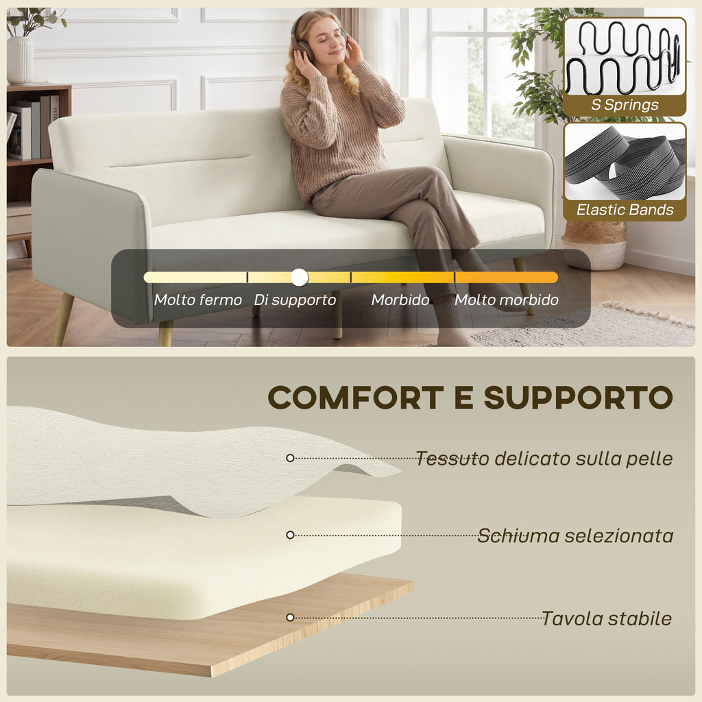 3-Seater Sofa Bed with Reclining Backrest and Velvet Upholstery, 185x84x83 cm, Beige