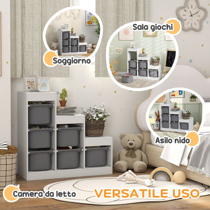 Storage 3-Tier Toy Shelf with 6 Containers for Children from 3-8 Years, 96x38.5x90cm, Grey