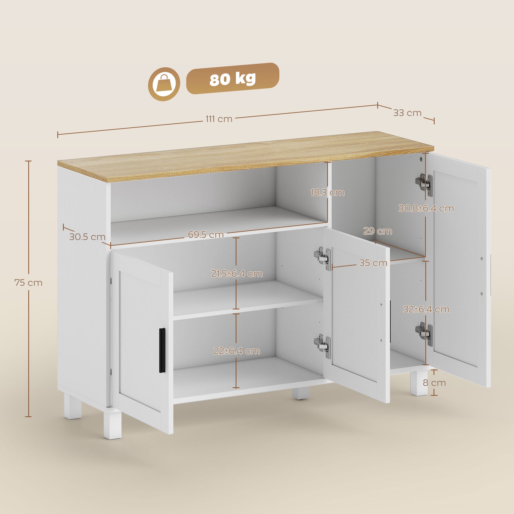 Kitchen Sideboard with Soft-Close Doors, 2 Cupboards and Open Wooden Compartment, 110x33x75 cm, White