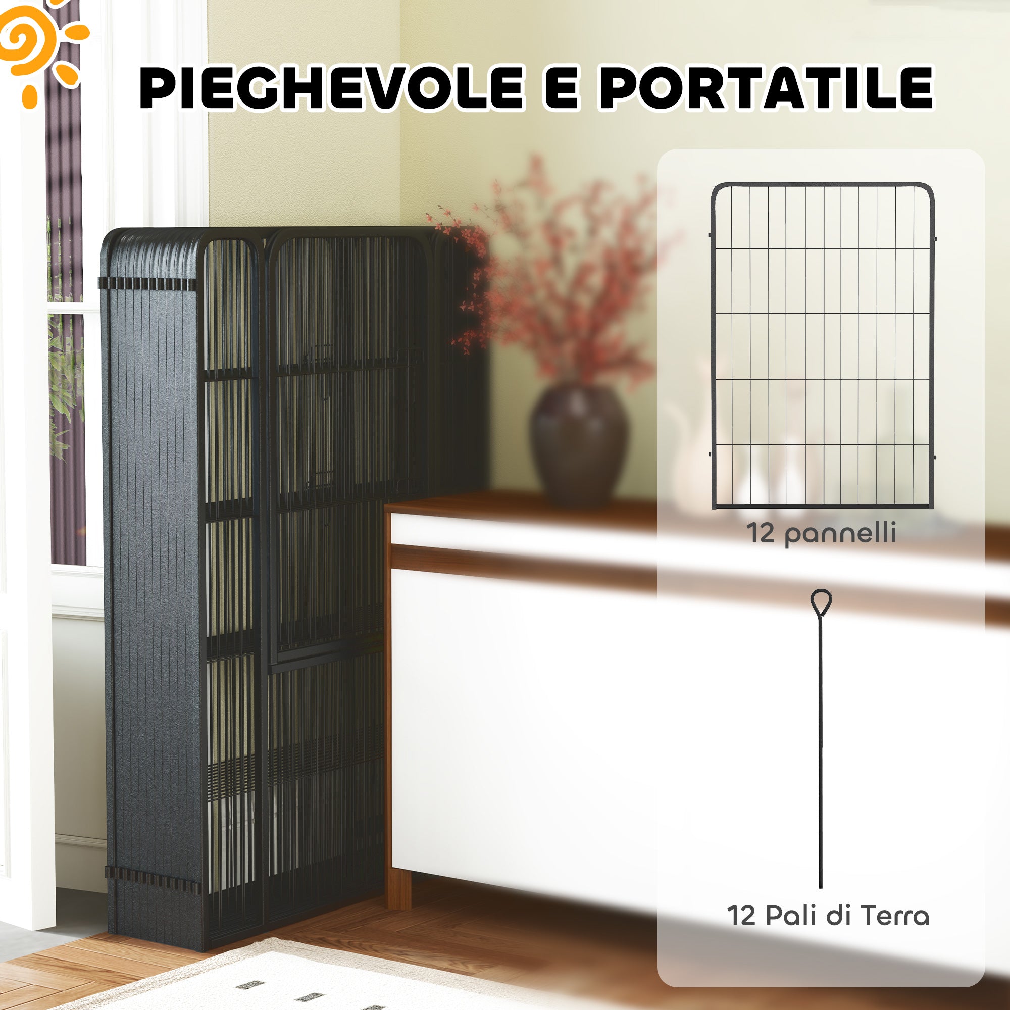 PawHut Folding Steel Dog Playpen with Pegs for Indoor and Outdoor Use, 68 x 100 cm, 12 Panels, Black