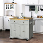Kitchen Trolley with 2 Drawers and 2 Cabinets, Wooden Top, Spice Rack and Tea Towel Holder, Grey