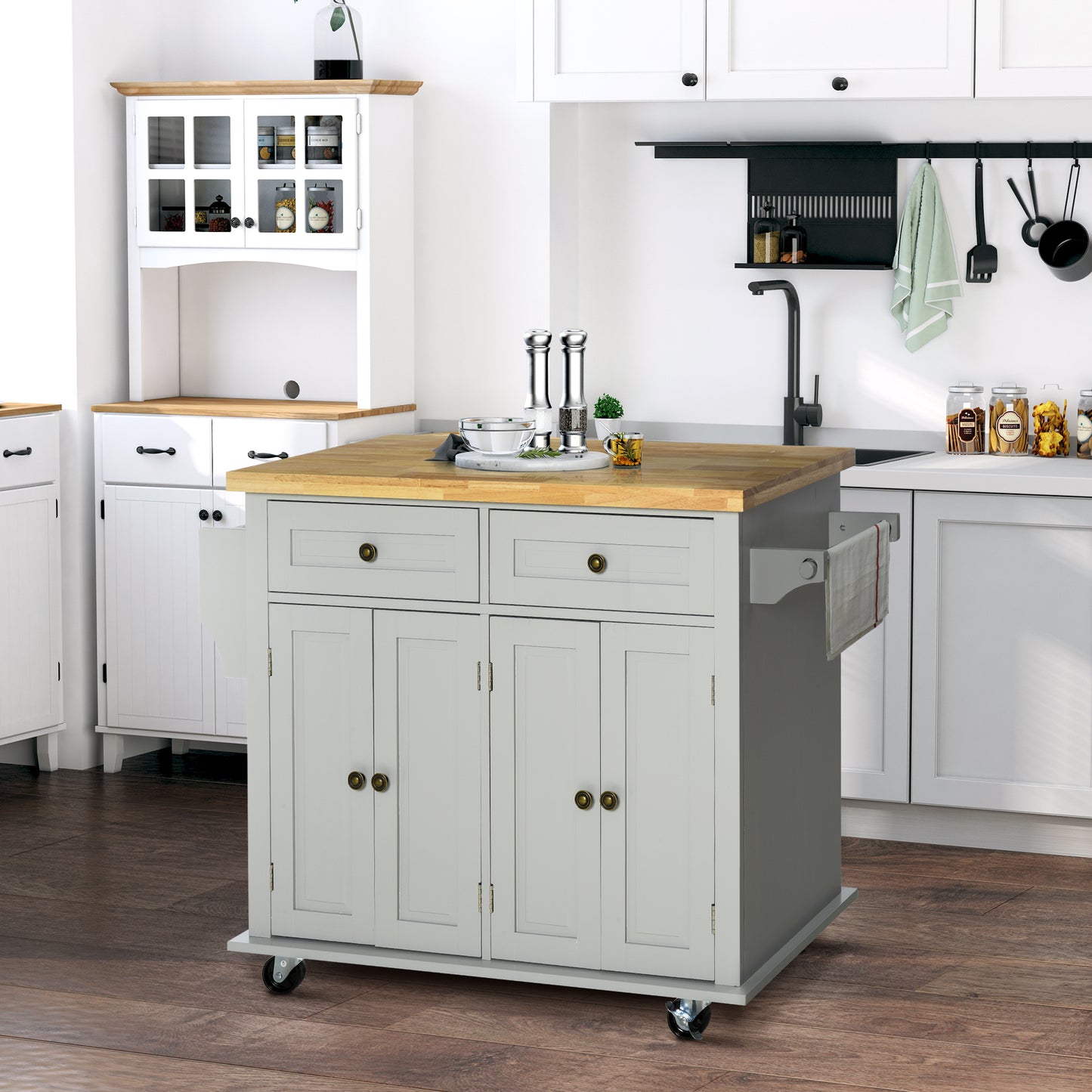 Kitchen Trolley with 2 Drawers and 2 Cabinets, Wooden Top, Spice Rack and Tea Towel Holder, Gray