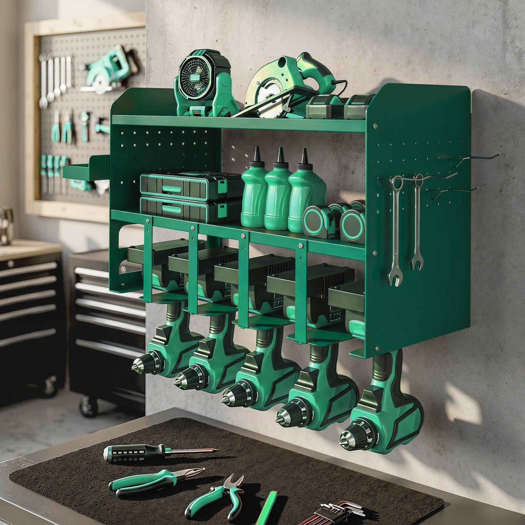Outsunny Tool Holder with 5-Hole Drill Stand and Side Tray, Green