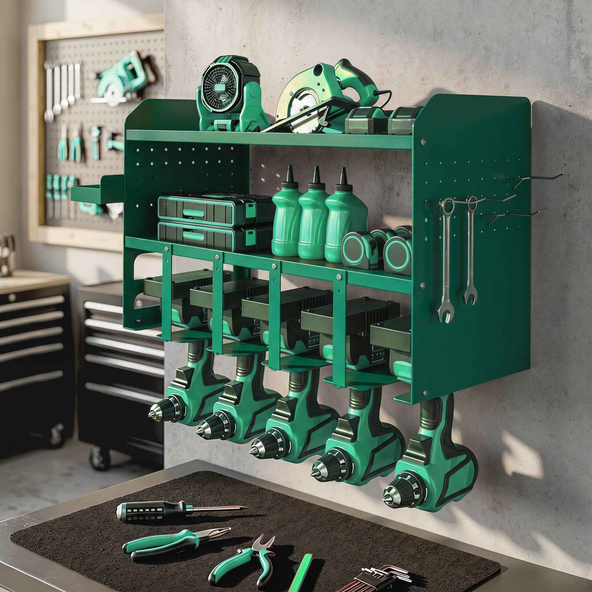 Outsunny Tool Holder with 5-Hole Drill Stand and Side Tray, Green