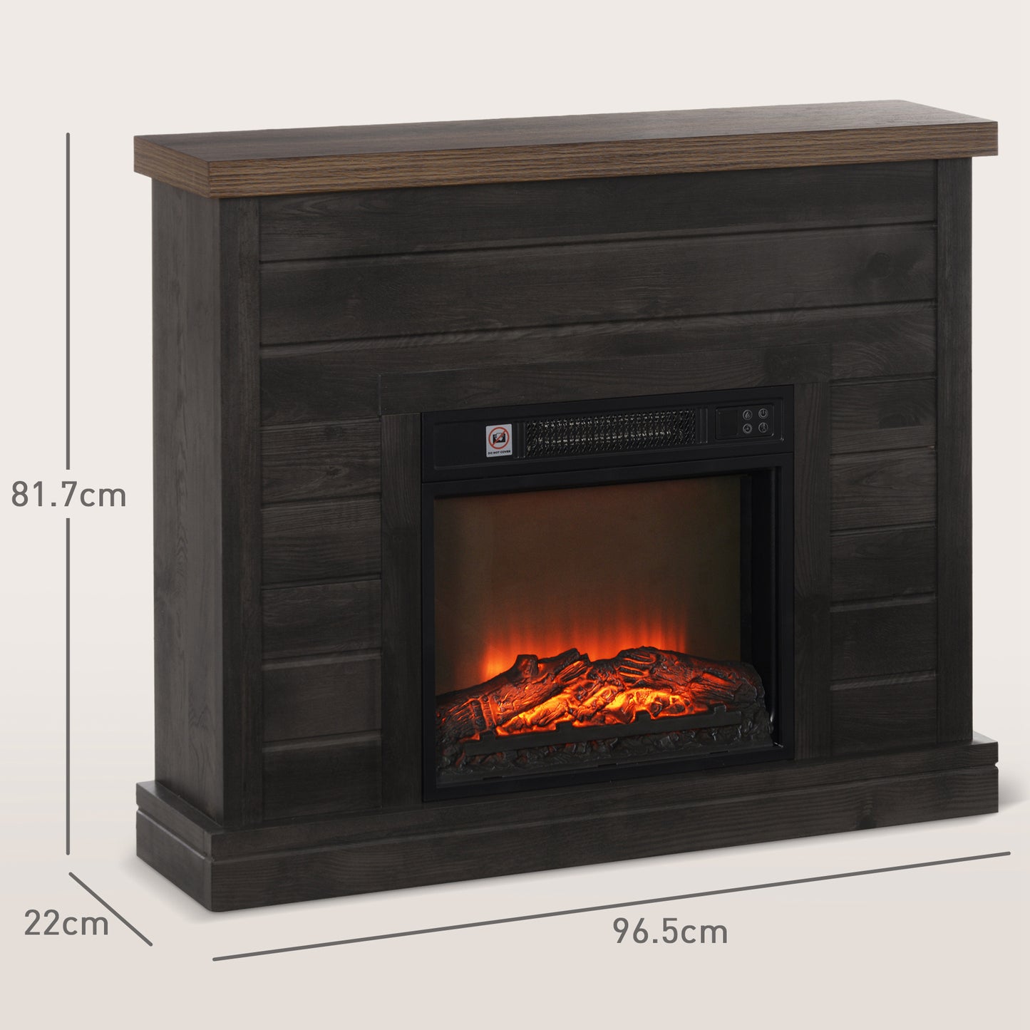 Electric Fireplace 1800W with Flame Effect and Remote Control, in Wood, Metal and Glass, 96.5x22x81.7 cm, Dark Grey