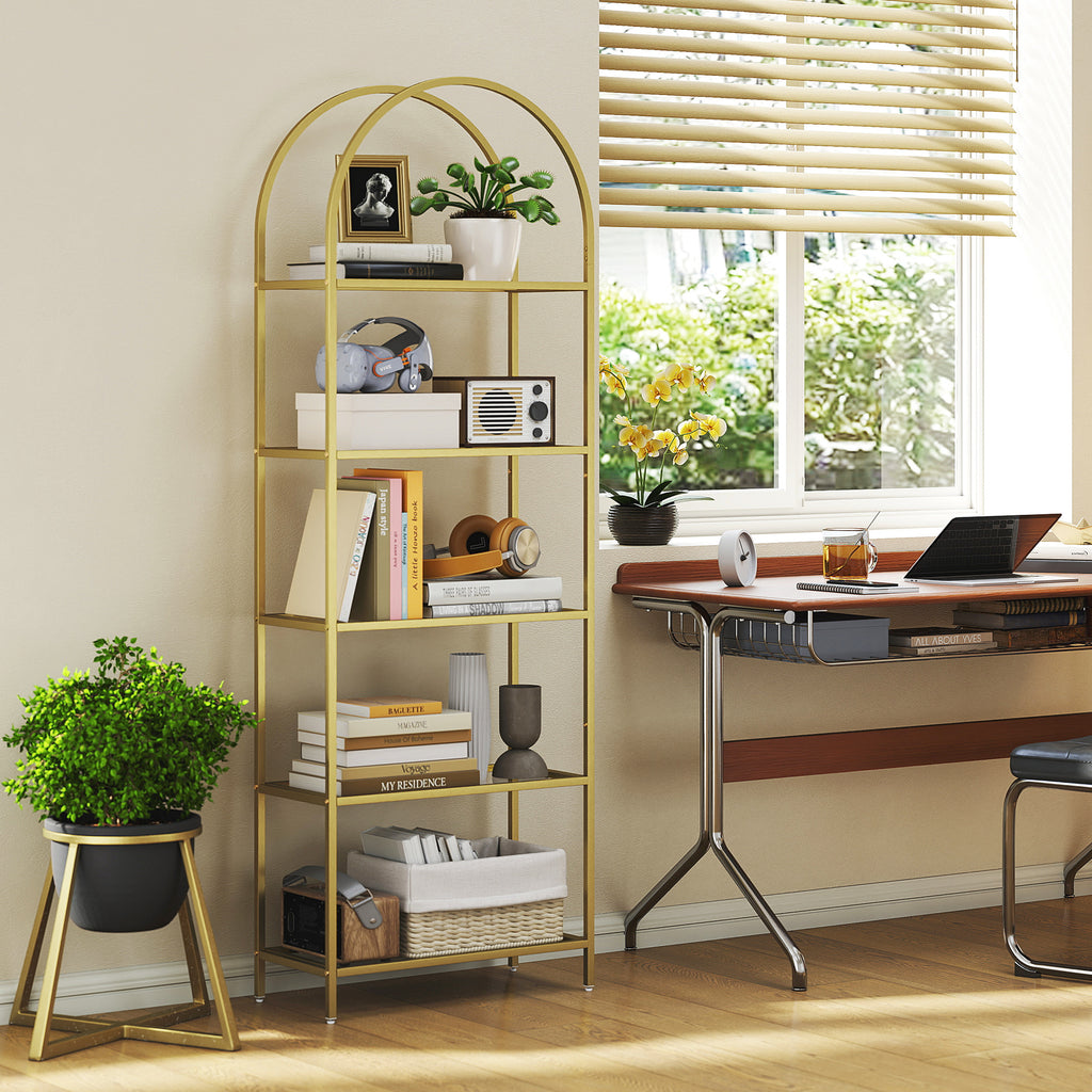 5-Tier Arched Storage Shelf in Steel and Tempered Glass, 60x30x175 cm, Gold