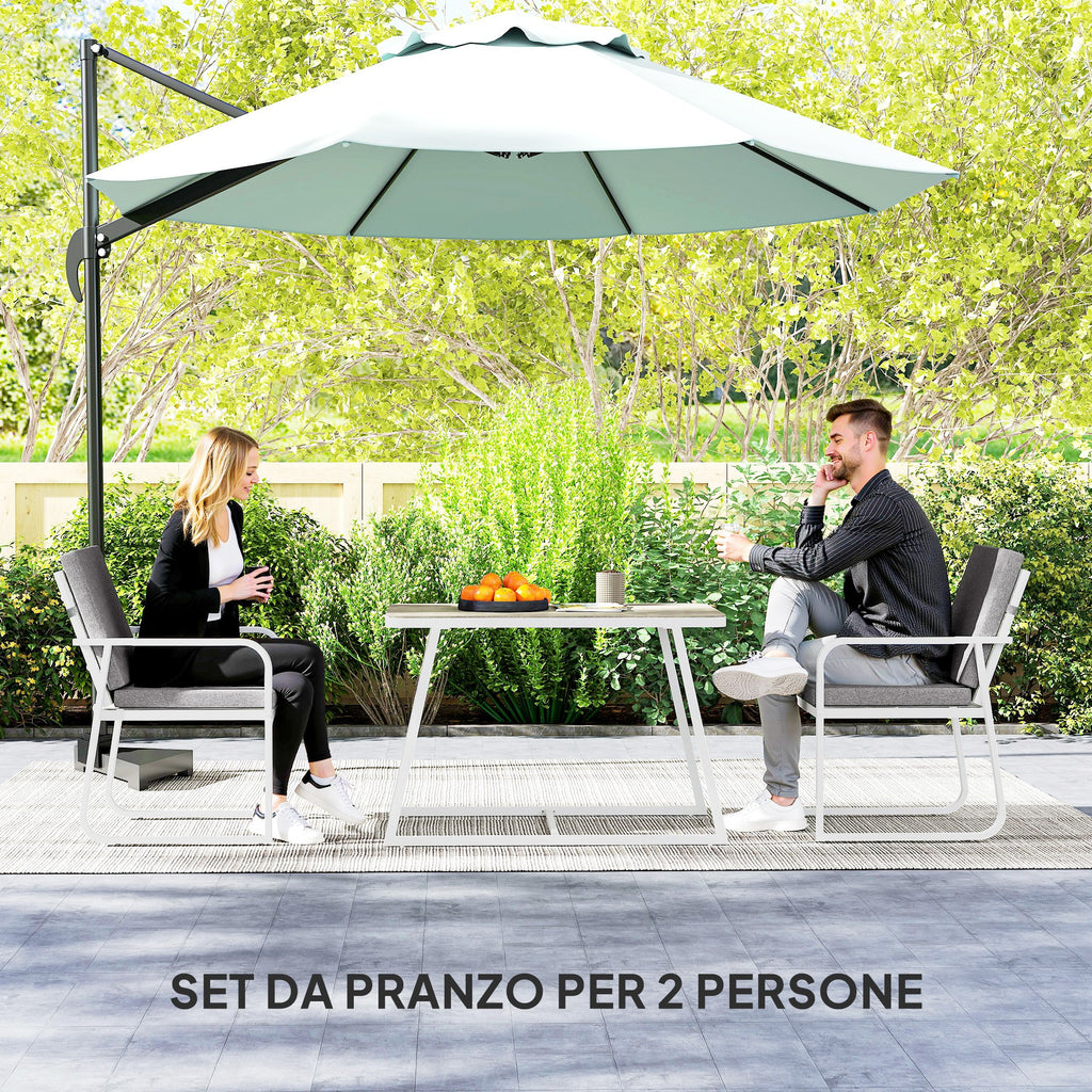 3 Piece Outdoor Set with 2 Chairs with Armrests and Cushions and Glass Top Table, White
