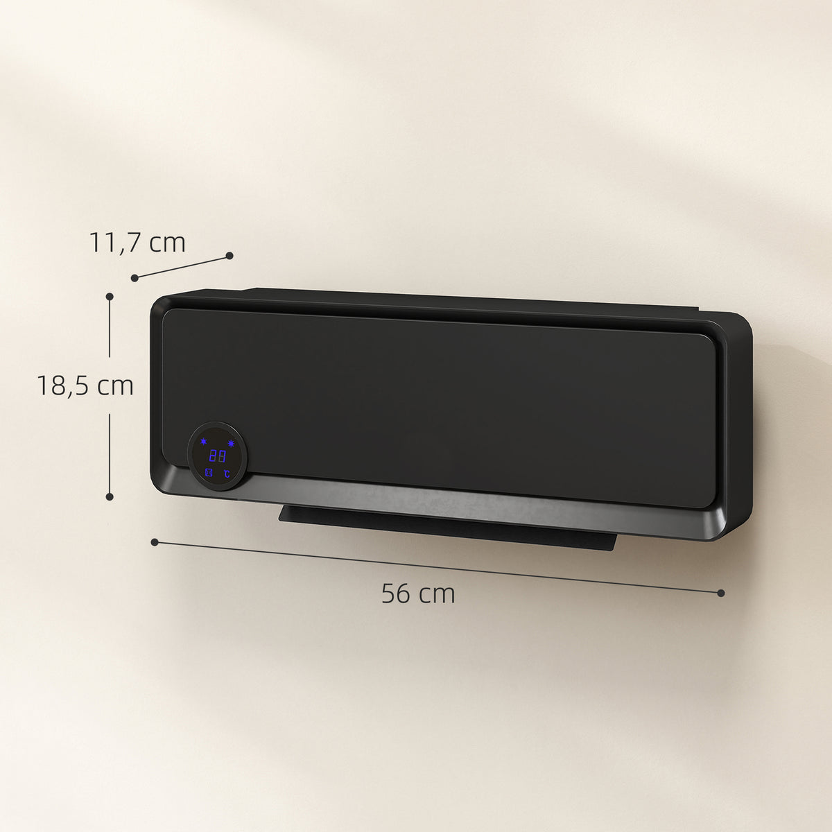 HOMCOM 3-Mode Wall-Mounted Electric Heater with 12-Hour Timer, Made of PP and PA, 56 x 18.5 x 11.7 cm, Black
