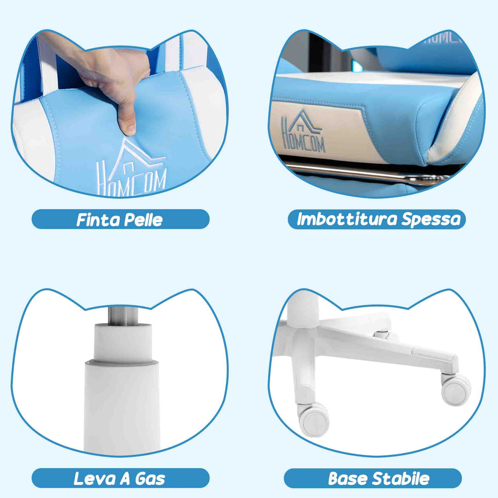 Reclining Gaming Chair with Footrest and Cushions, Faux Leather and Sponge, 65x62x116-124 cm, White and Blue