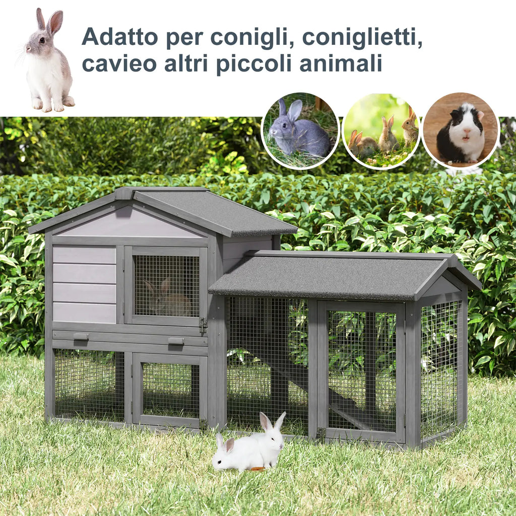 Outdoor Wooden Rabbit Hutch with House, Open Enclosed Space and Roof 147x54x84cm - Borge' Group Limited