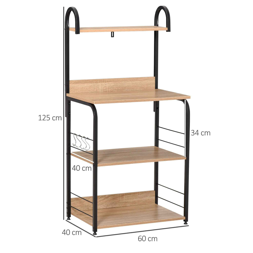 HOMCOM Kitchen Microwave Cabinet with 4 Shelves and 4 Hooks, Steel and Wood, 60x40x125 cm, Wood Color