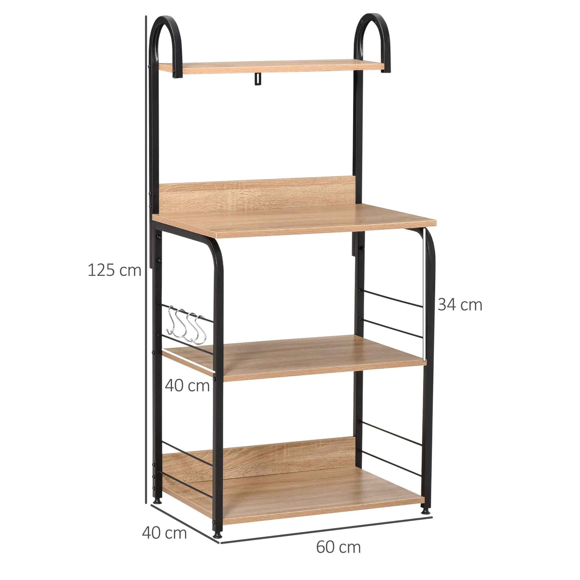HOMCOM Kitchen Microwave Cabinet with 4 Shelves and 4 Hooks, Steel and Wood, 60x40x125 cm, Wood Color