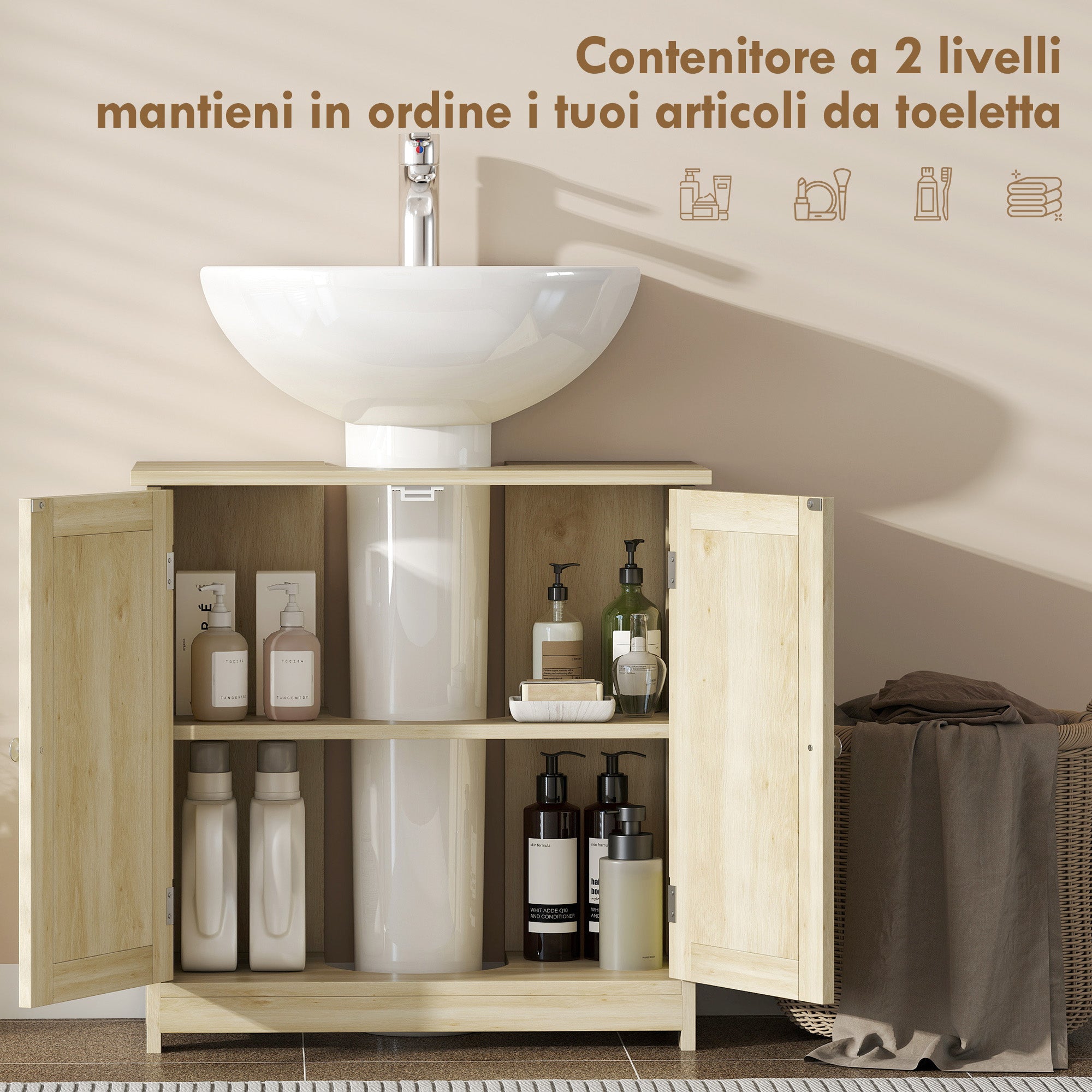 kleankin 2-Door Vanity Unit with Adjustable Shelf and U-Shaped Cutout, 60x30x60 cm, Oak